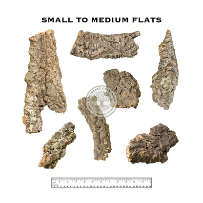 Premium Small to Medium Natural Cork Bark Flats and Half Rounds Sizing Guide for Reptiles, Vivariums, and More.