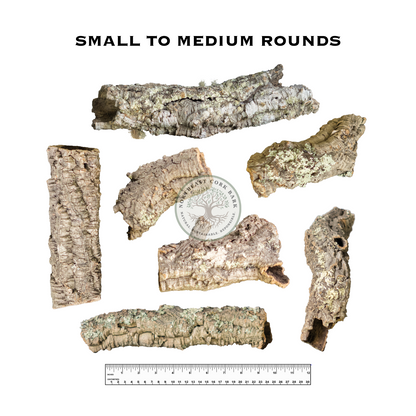 Premium Small to Medium Natural Cork Bark Rounds and Tubes Sizing Guide for Reptiles, Vivariums, and More.